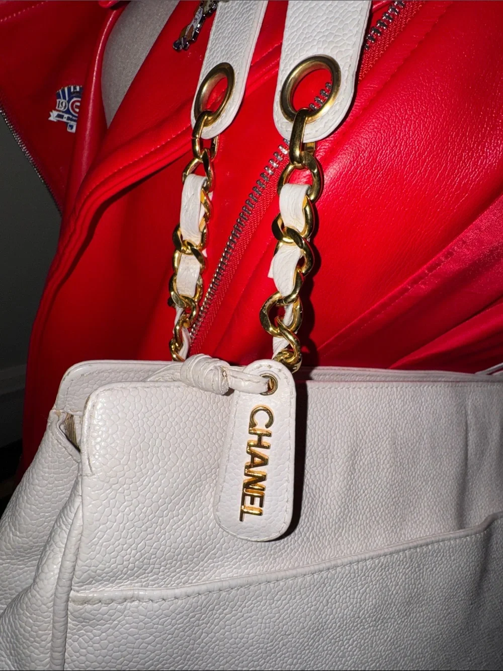CHANEL XL Vintage Triple CC White Leather Shoulder Tote Bag Purse Gold Chain